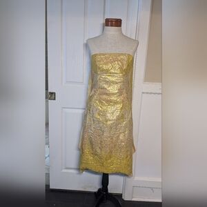 Tracy Reese Metallic Gold Strapless Brocade Dress With Silk Cape